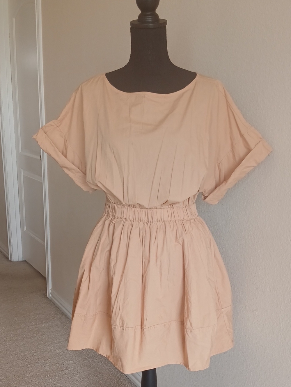 Free People Light Tan Short Sleeve Elastic-Waist Mini Dress